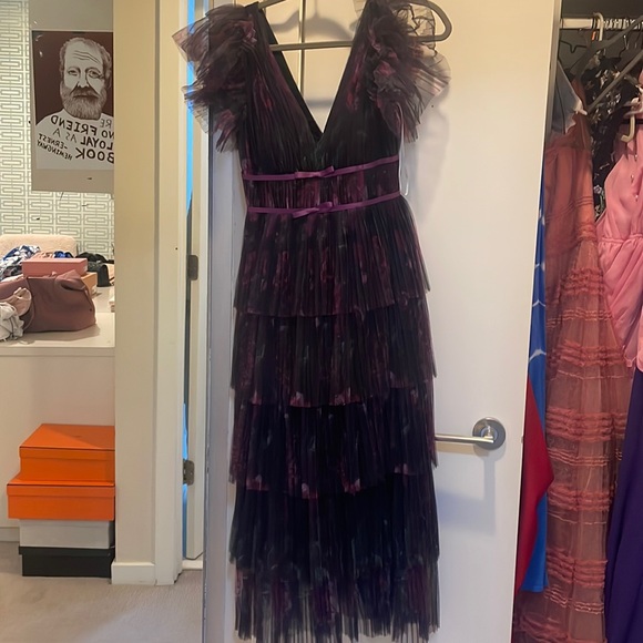 Marchesa notte purple floral midi dress ribbon bow ruffle tiered